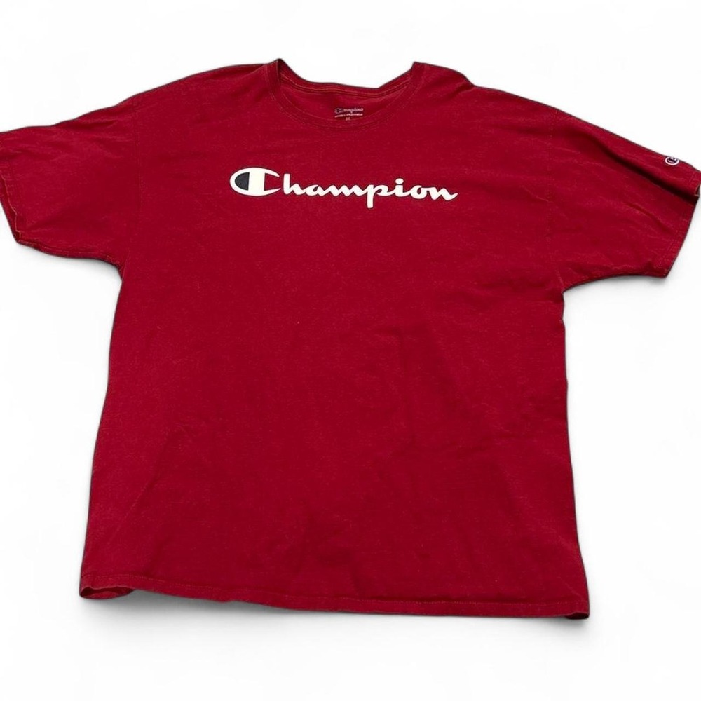Champion Men's Red burgundy Script Spellout Logo T-Shirt, Size 2XL